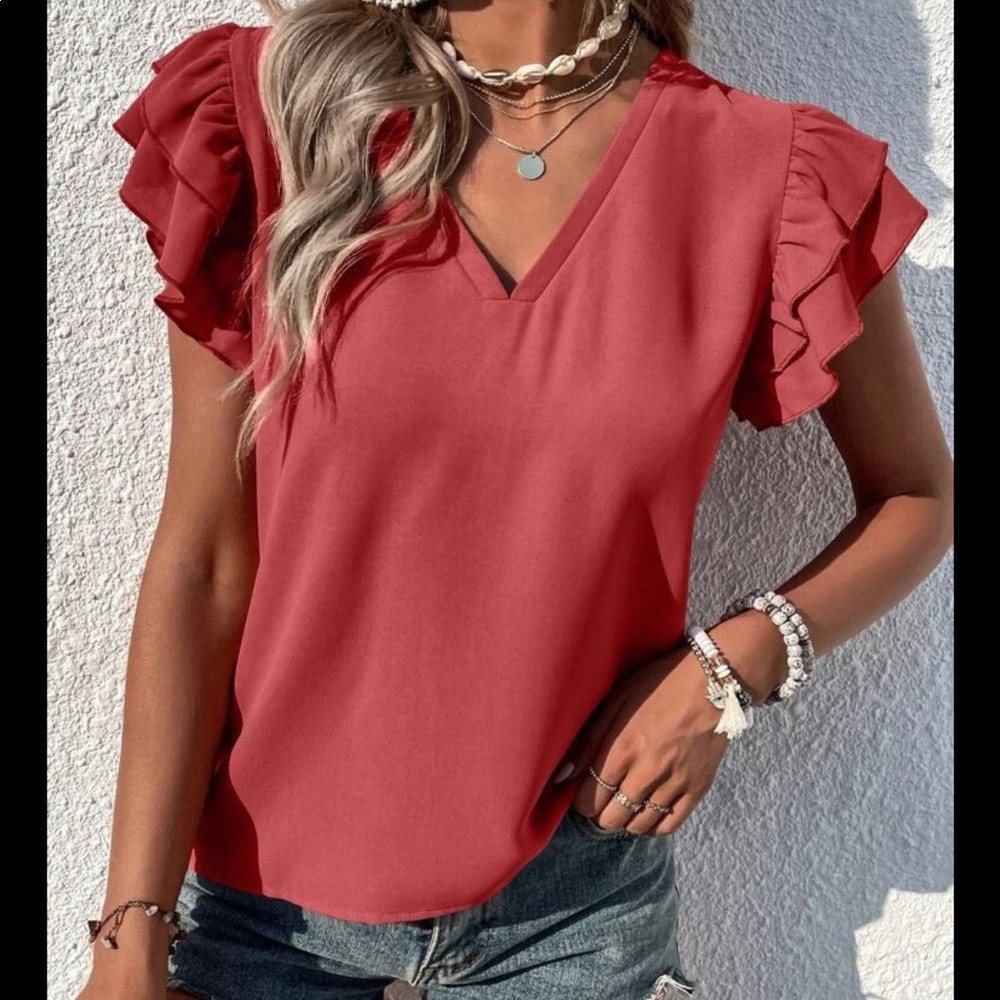 Elegant Classy Red Tiered Ruffle Butterfly Sleeve Top Blouse - Picture 9 of 11